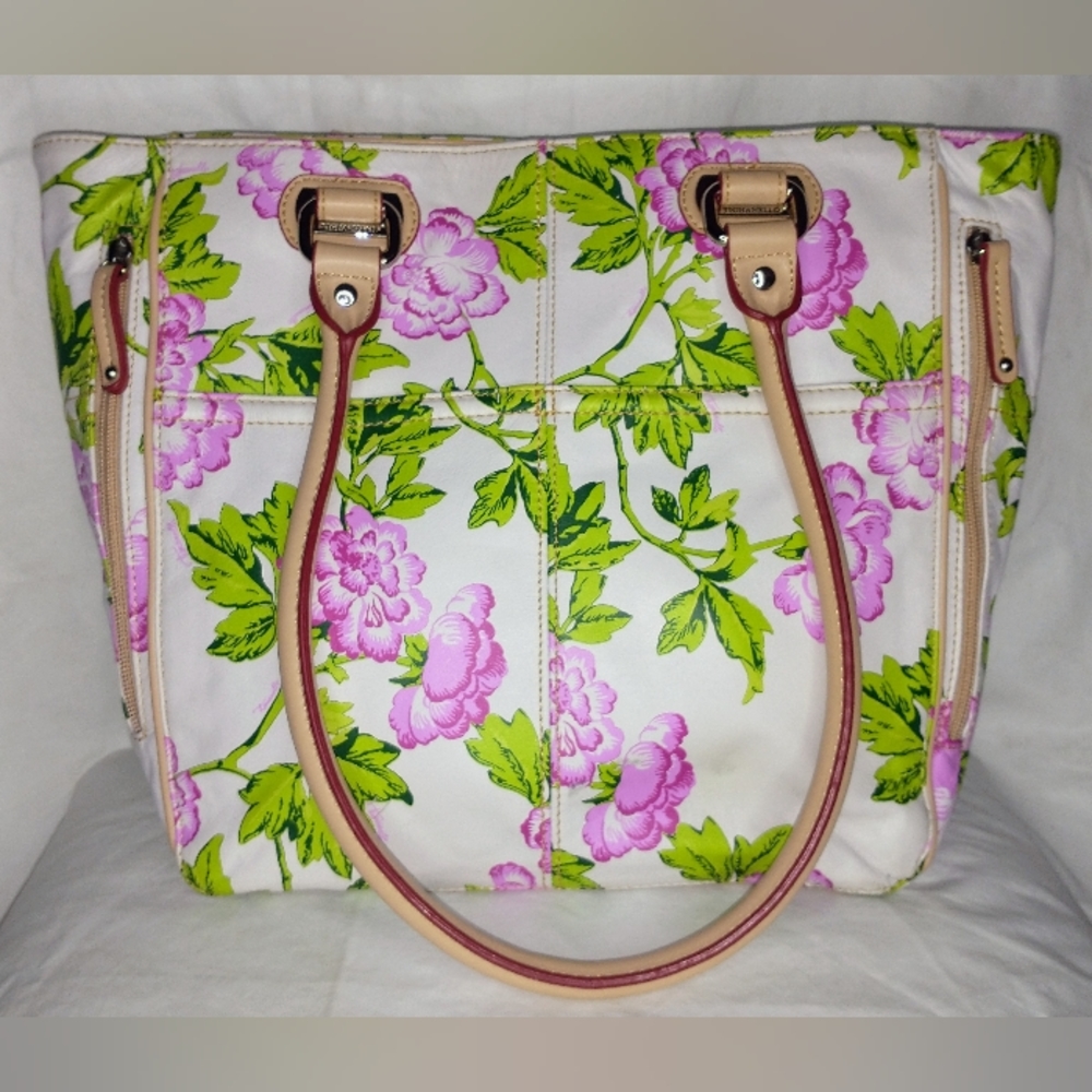 Tignanello Pink Flowers Large Genuine Leather Shoulder Handheld Satchel …